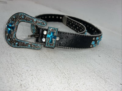 New Black Genuine Leather Blazin Roxx Blue Cross Bling M Belt #N3520401 Z-2