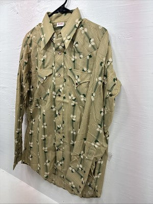 New Men’s ELY Plains Yellow Green Floral Long Sleeve Pearl Snap 15.5 Medium T-11