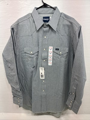 New Men’s Wrangler Blue White Stripe Long Sleeve Button Up 17.5 X 35 XL T-70