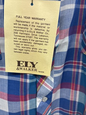New Men’s ELY Cattleman Blue Multicolor Plaid Short Sleeve Pearl Snap Large X-15