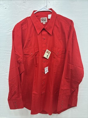 New Men’s ELY Cattleman Simple Red Long Sleeve Pearl Snap 17.5 X 35 XL R-60