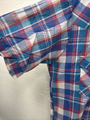 New Men’s ELY Cattleman Blue Multicolor Plaid Short Sleeve Pearl Snap Large X-15