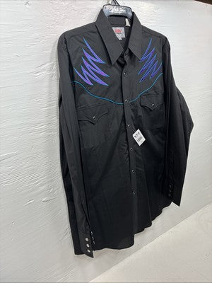 New Men’s ELY Diamond Black Western Design Long Sleeve Pearl Snap Large AA-17
