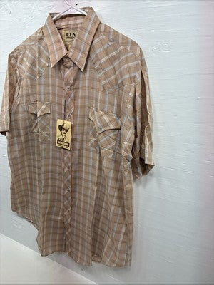 New Men’s ELY Cattleman Tan Plaid Short Sleeve Pearl Snap XL R-39