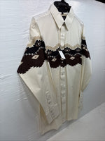 New Men’s White Horse Brown Western Print Long Sleeve Pearl Snap Large V-34