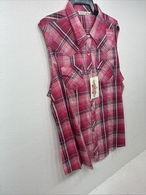 New Women’s Cumberland Pink Plaid Short Sleeve Pearl Snap 2XL GG-13