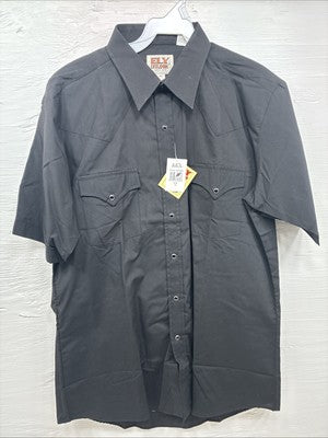 New Men’s ELY Cattleman Black Western Short Sleeve Pearl Snap 16 Large T-53