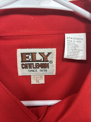 New Men’s ELY Cattleman Simple Red Long Sleeve Pearl Snap 17.5 X 35 XL R-60