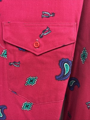 New Men’s Wrangler Pink Western Print Design Long Sleeve Button Up XL M-92