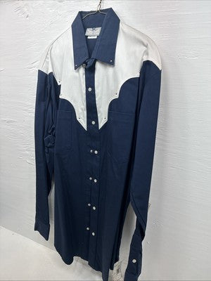 New Men’s Cowboy Threads Blue White Long Sleeve Pearl Snap Large AA-53