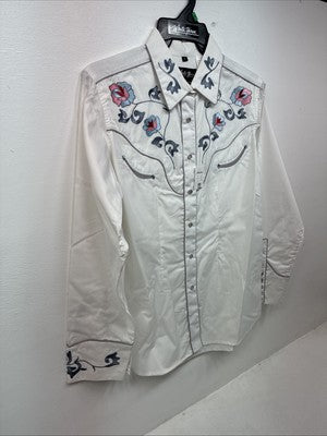 New Women’s White Horse Floral Embroidered Long Sleeve Pearl Snap XL II-33