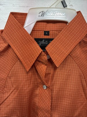 New Men’s White Horse Orange Plaid Long Sleeve Pearl Snap Large Q-41