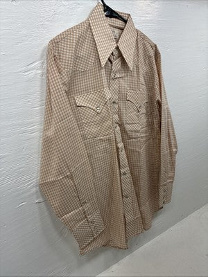 New Men’s Stockman Brown Checkered Long Sleeve Pearl Snap 15.5 Medium AA-66