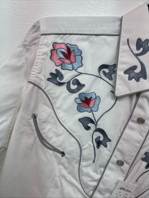 New Women’s White Horse Floral Embroidered Long Sleeve Pearl Snap XL II-33