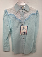 New Women’s Miss Rodeo Blue Ruffled Long Sleeve Pearl Snap Small KK-21