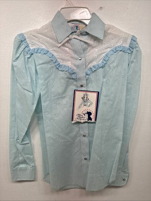 New Women’s Miss Rodeo Blue Ruffled Long Sleeve Pearl Snap Small KK-21