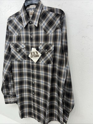 New Men’s Brown Plaid ELY Cattleman Long Sleeve Pearl Snap Shirt. L Tall P-68