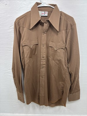 New Men’s Tem Tex Brown Simple Long Sleeve Pearl Snap 15.5 Medium M-40