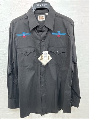 New Men’s ELY Cattleman Black Aztec Design Long Sleeve Pearl Snap Large Q-40