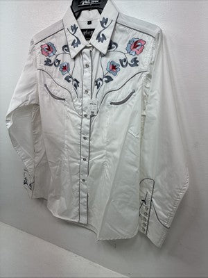 New Women’s White Horse Floral Embroidered Long Sleeve Pearl Snap XL II-33
