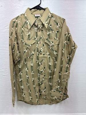 New Men’s ELY Plains Yellow Green Floral Long Sleeve Pearl Snap 15.5 Medium T-11