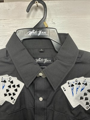 New Men’s White Horse Black Card Design Long Sleeve Pearl Snap Large CC-29