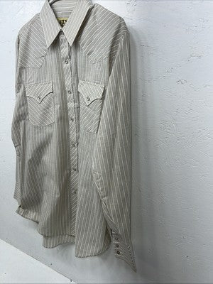New Men’s Tan Stripped ELY Cattleman Pearl Snap Long Sleeve Shirt 16.5x34 L P-29