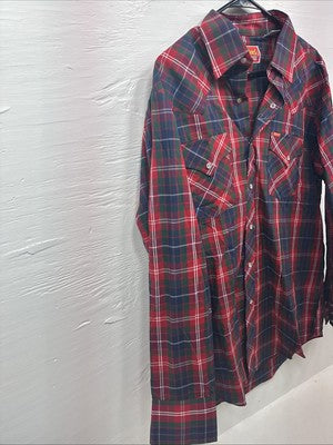 New Men’s ELY Plains Red Blue Plaid Long Sleeve Pearl Snap 16.5 Large V-96