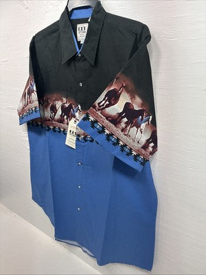 New Men’s ELY Cattleman Blue Black Horse Design Short Sleeve Pearl Snap XL T-17