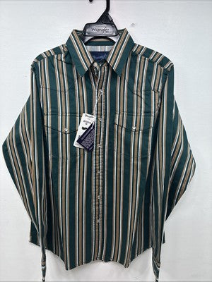 New Teens Wrangler Green Yellow Stripe Long Sleeve Pearl Snap XL DD-64