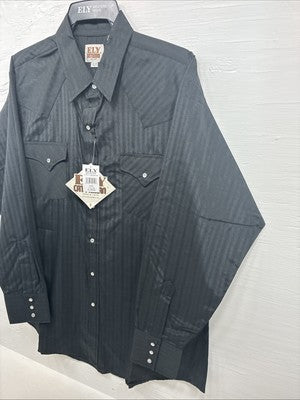 New Men’s ELY Cattleman Black Designed Long Sleeve Pearl Snap 17.5 X 35 XL R-49