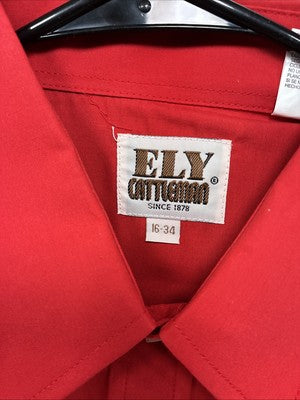 New Men’s ELY Cattleman Simple Red Long Sleeve Pearl Snap 16 Large Q-92