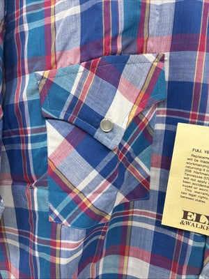 New Men’s ELY Cattleman Blue Multicolor Plaid Short Sleeve Pearl Snap Large X-15