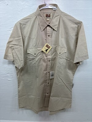 New Men’s ELY Cattleman Tan Short Sleeve Pearl Snap 16 Large AA-13