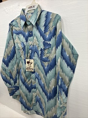 New Men’s ELY Cattleman Blue Green Design Long Sleeve Pearl Snap Medium Q-36