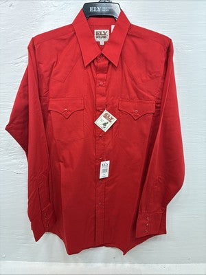 New Men’s ELY Cattleman Red Long Sleeve Pearl Snap 16.5 X 35 Large AA-56