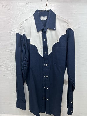 New Men’s Cowboy Threads Blue White Long Sleeve Pearl Snap Large AA-53