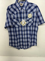 New Men’s Blue Plaid ELY Cattleman Short Sleeve Pearl Snap Shirt. Large P-44