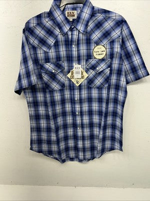New Men’s Blue Plaid ELY Cattleman Short Sleeve Pearl Snap Shirt. Large P-44