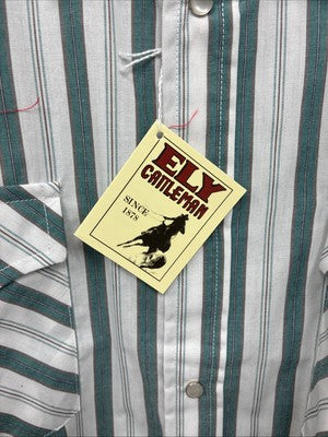 New Men’s ELY Cattleman Blue White Stripe Short Sleeve Pearl Snap XL M-35
