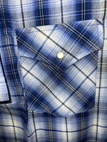 New Men’s Blue Plaid ELY Cattleman Short Sleeve Pearl Snap Shirt. Large P-44