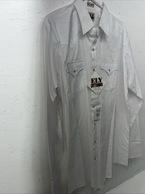 New Men’s White ELY Cattleman Long Sleeve Pearl Snap Shirt. Tall Large P-58