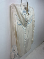 New Women’s California RanchWear White Blue Long Sleeve Pearl Snap Medium YY-95