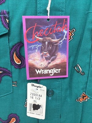 New Men’s Wrangler Teal Western Design Long Sleeve Button Up 16/5 Large T-27