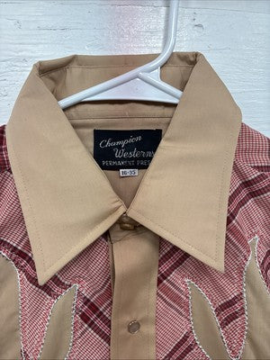 New Men’s Champion Western Brown Pink Plaid Long Sleeve Pearl Snap 16 Large X-36