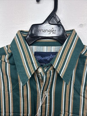 New Teens Wrangler Green Yellow Stripe Long Sleeve Pearl Snap XL DD-64