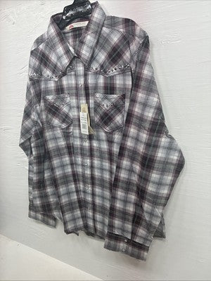 New Women’s Cumberland Purple Plaid Long Sleeve Pearl Snap 2X V-67