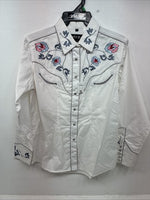 New Women’s White Horse Floral Embroidered Long Sleeve Pearl Snap XL II-33
