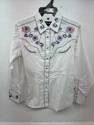 New Women’s White Horse Floral Embroidered Long Sleeve Pearl Snap XL II-33