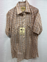 New Men’s ELY Cattleman Tan Plaid Short Sleeve Pearl Snap M R-40
